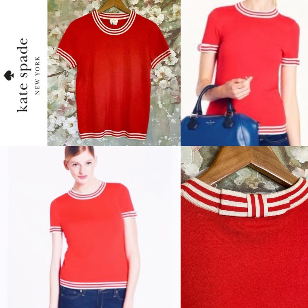 kate spade Red Crewneck Short-Sleeve Sweater with White Stripe Trim